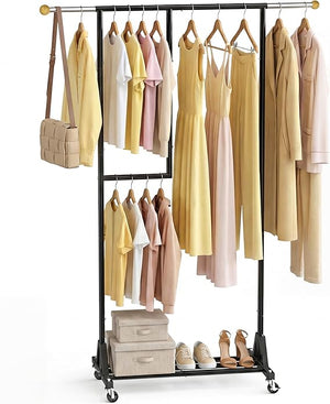 Rolling Garment Rack with Double Rod, Lockable Casters & Mesh Shelf