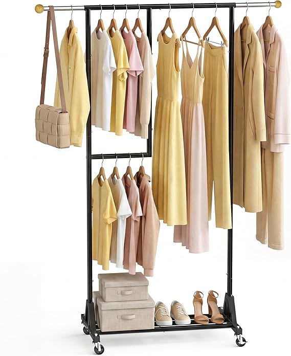 Rolling Garment Rack with Double Rod, Lockable Casters & Mesh Shelf