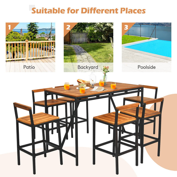 7-Piece Outdoor Acacia Wood Bar Set with 6 Bar Stools
