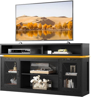 Farmhouse TV Stand with LED Lights & Storage Cabinets
