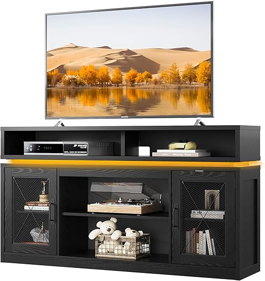 Farmhouse TV Stand with LED Lights & Storage Cabinets