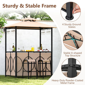 3-Piece Outdoor Patio Bar Set with Grill Gazebo & Bar Stools
