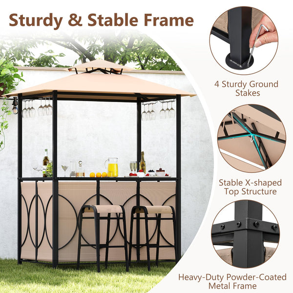 3-Piece Outdoor Patio Bar Set with Grill Gazebo & Bar Stools