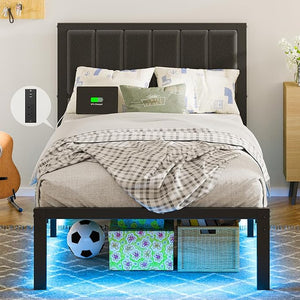 OLEVS Queen Bed Frame with Headboard Metal Platform Bed Queen Size with USB Charging Station and LED Lights, No Box Spring Needed