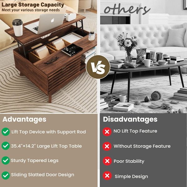 Lift Top Coffee Table with Storage & Sliding Door – Walnut Brown