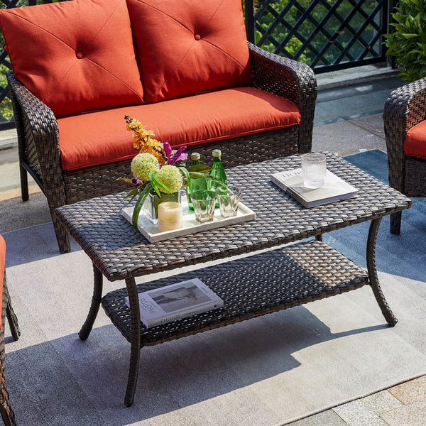 Wicker Patio Coffee Table with 2-Tier Storage