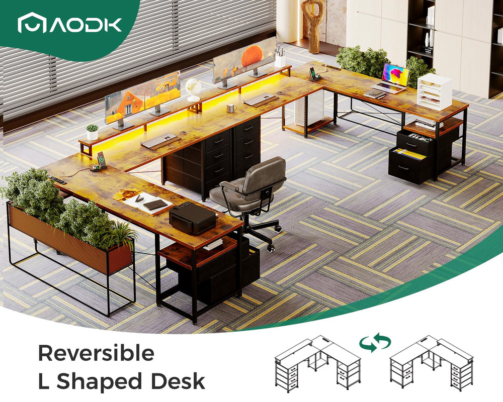 66" L-Shaped Computer Desk with File Cabinet, LED Lights & Power Outlet