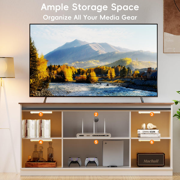 Farmhouse TV Stand with Sliding Glass Doors & LED Lights, 65"