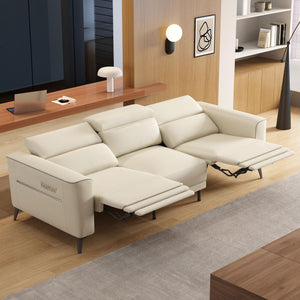 Dual Motor Electric Reclining Sofa with Adjustable Headrest & Footrest – Ivory Leather, USB Charging
