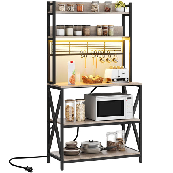 Yaheetech Kitchen Bakers Rack with Power Outlet & LED Lights, 5 Tiers Coffee Bar Table with 8 S Hooks, 64 Inches Tall Microwave Oven Stand with Storage for Spices, Pots, Gray