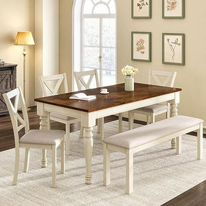 6-Piece Farmhouse Solid Wood Dining Table Set with Chairs and Bench