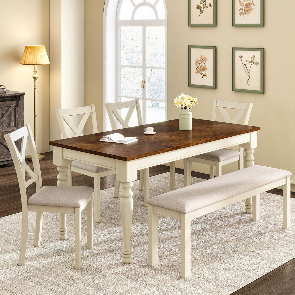 6-Piece Farmhouse Solid Wood Dining Table Set with Chairs and Bench