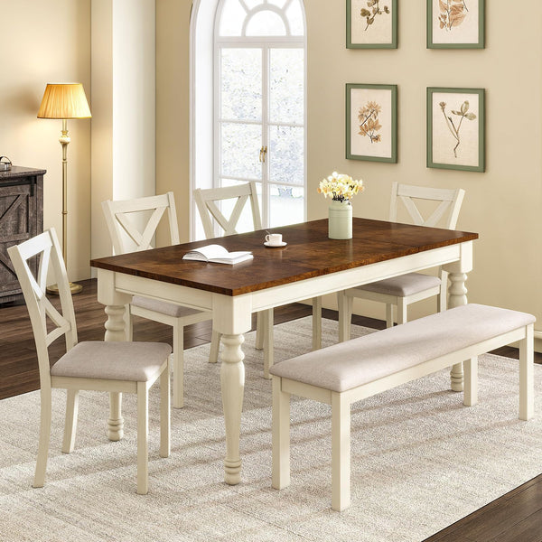 6-Piece Farmhouse Solid Wood Dining Table Set with Chairs and Bench