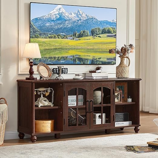 Farmhouse TV Stand with Glass Doors & Storage