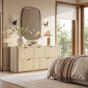 5-Drawer Wide Dresser with Faux Travertine Top
