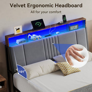Upholstered Platform Bed Frame with LED Lights, Storage Headboard & Charging Station