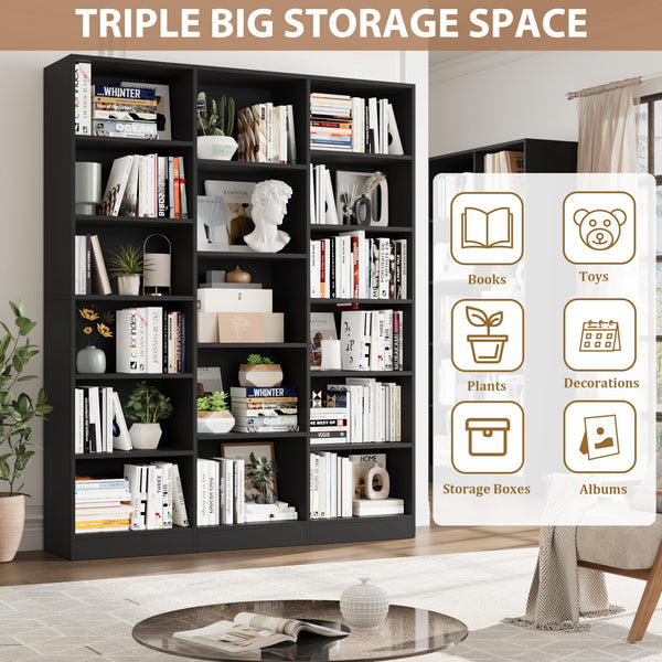 Triple Wide 6-Tier Bookshelf with 17 Open Display Shelves, 74" Tall