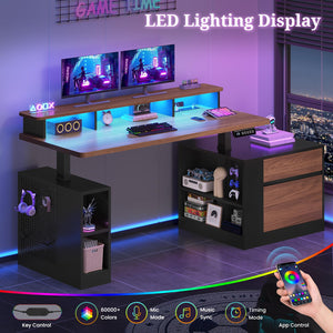 Electric Standing Desk with Storage, Monitor Stand, Power Outlets & LED Lights