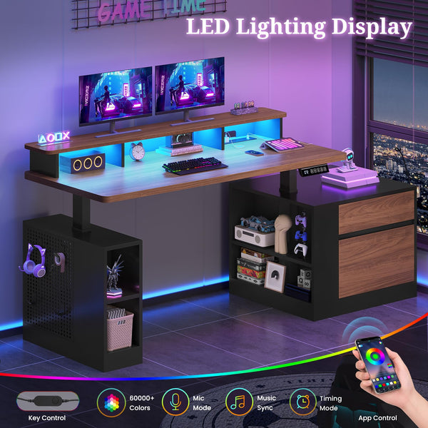 Electric Standing Desk with Storage, Monitor Stand, Power Outlets & LED Lights