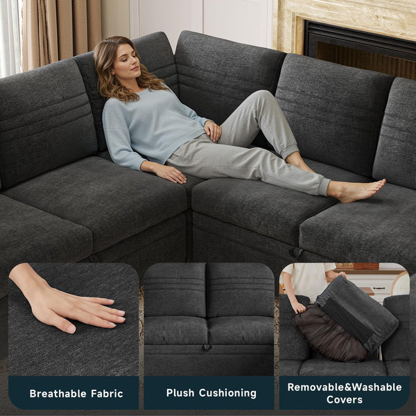 Modular Sectional Sleeper Sofa with Pull-Out Bed | 6-Seat U-Shaped Couch with Storage & USB Ports