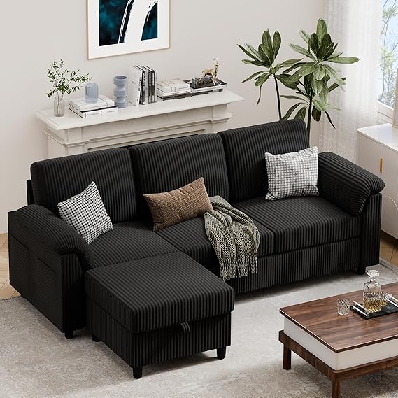 79" Convertible L-Shaped Sectional Sofa with Storage Ottoman