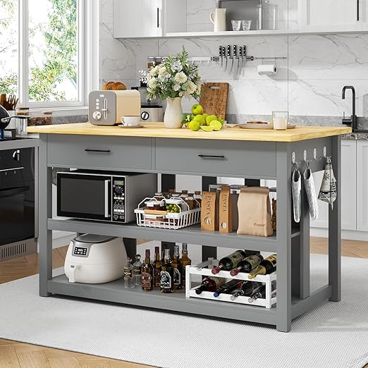 Kitchen Island with Power Outlets & Rubberwood Top