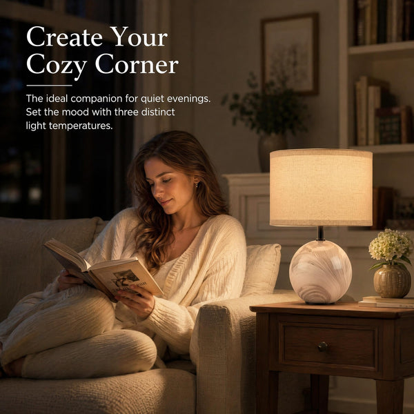 Ceramic Marble Table Lamp with Linen Shade — 3-Way Color Changing