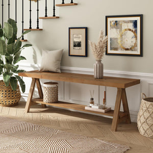 Solid Wood Farmhouse Entryway Bench with Storage Shelf