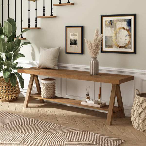 Solid Wood Farmhouse Entryway Bench with Storage Shelf