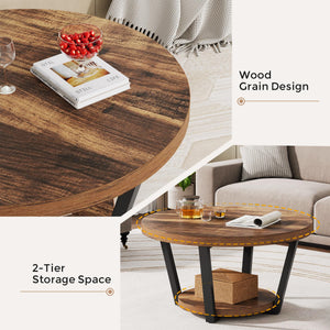Round Coffee Table with Storage Shelf, 2-Tier