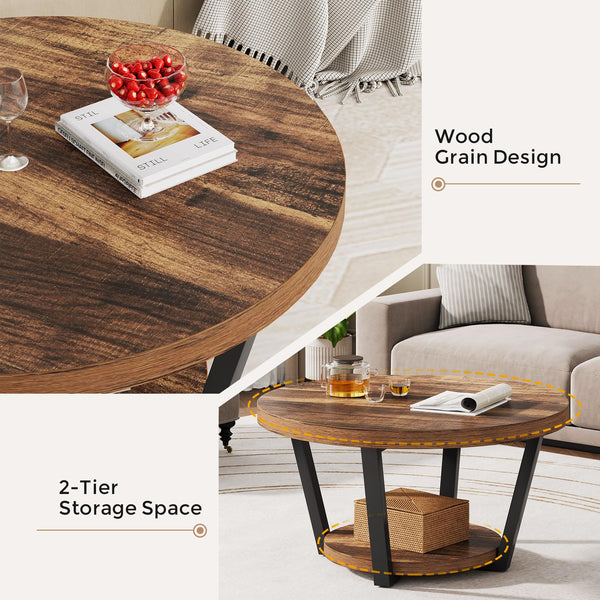 Round Coffee Table with Storage Shelf, 2-Tier