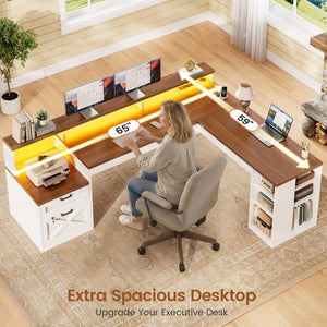 L Shaped Desk with 2 Drawers, 65" x 59" Corner Desk with Storage & LED Strip
