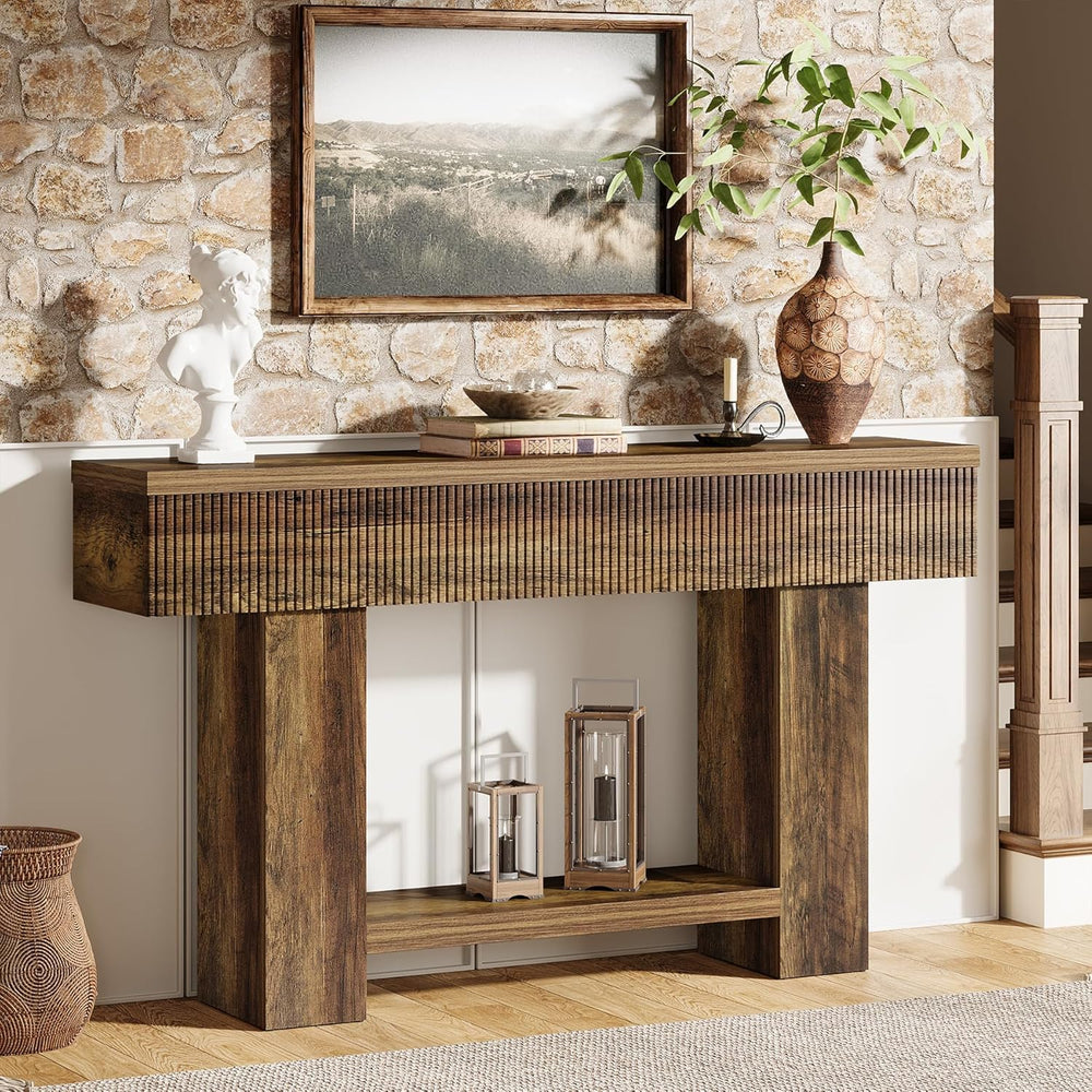 55-Inch Farmhouse Console Table with 2-Tier Storage