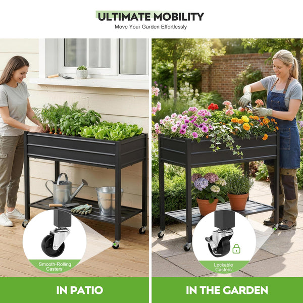 32" Tall Galvanized Raised Garden Bed with Wheels & Shelf