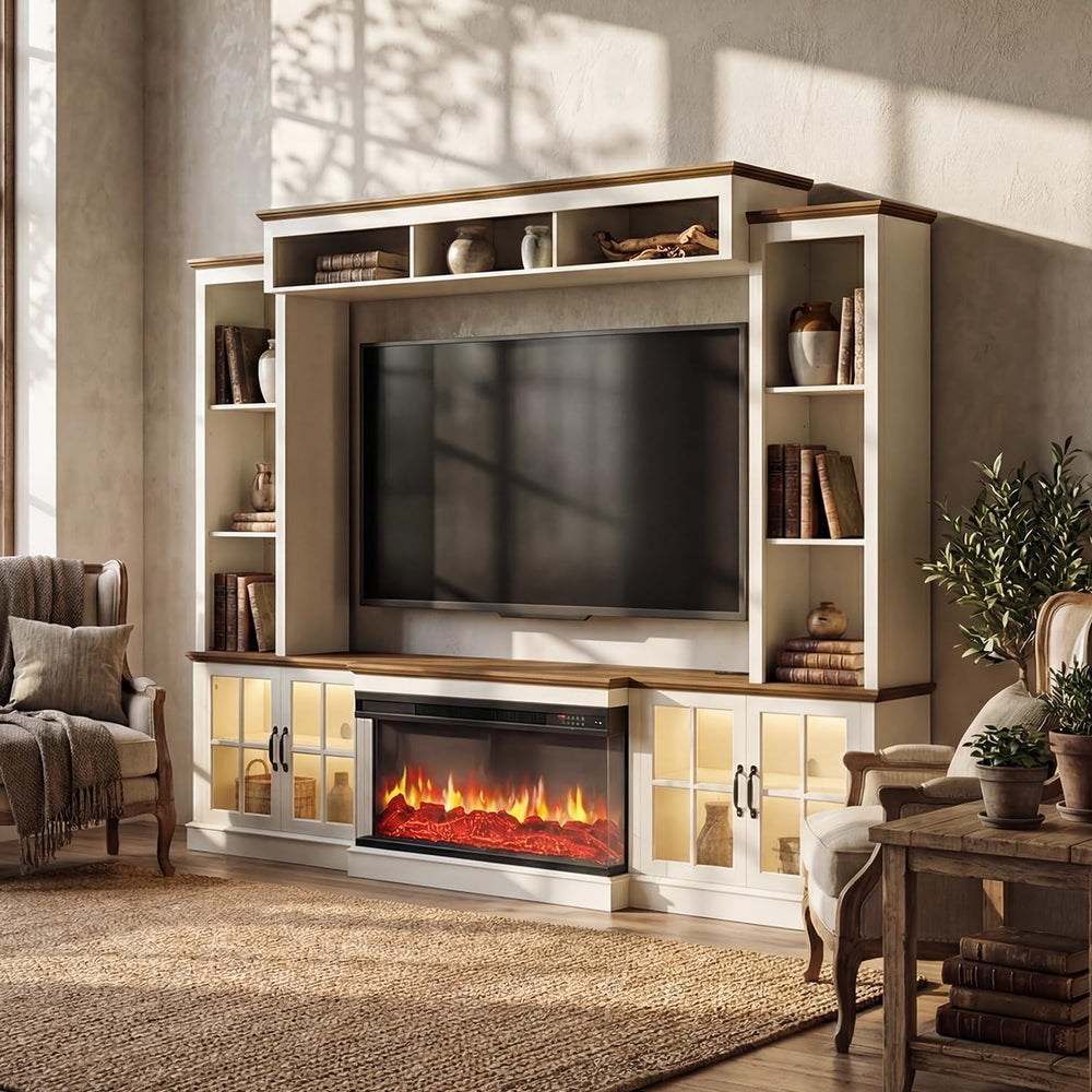 98" Farmhouse Entertainment Center with Fireplace, TV Stand & Barn Doors