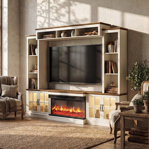 98" Farmhouse Entertainment Center with Fireplace, TV Stand & Barn Doors
