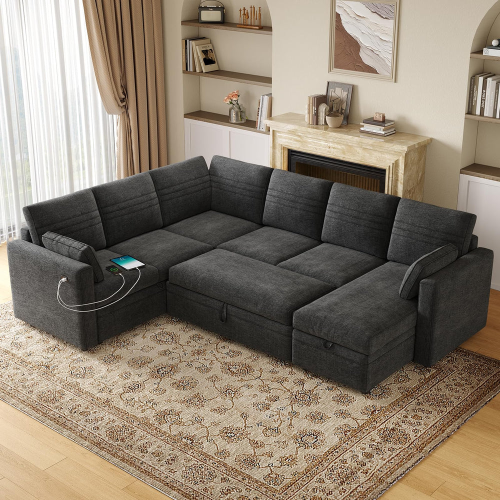 Modular Sectional Sleeper Sofa with Pull-Out Bed | 6-Seat U-Shaped Couch with Storage & USB Ports