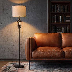 Industrial Floor Lamp with Dual Lights & Linen Shade