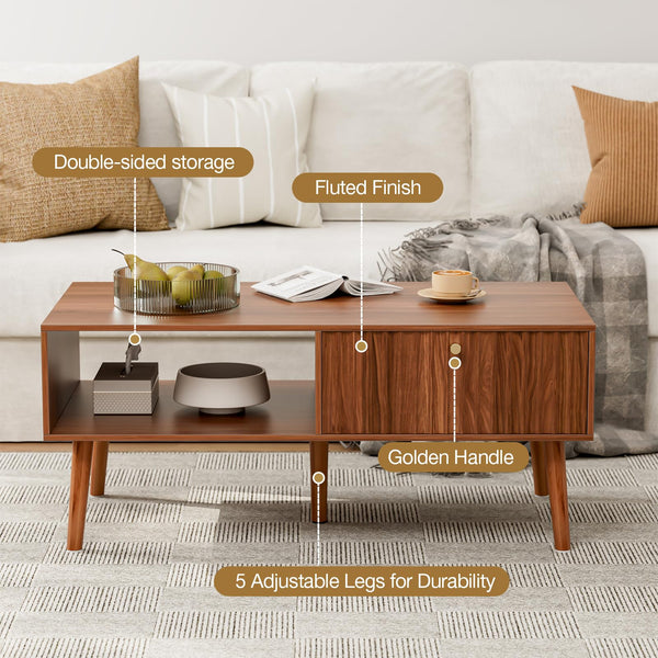 Fluted Door Coffee Table with Storage & Solid Wood Legs