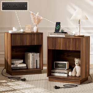 Fluted Nightstand Set of 2 with Charging Station
