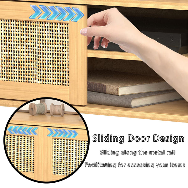 Rattan TV Stand with Sliding Doors & Open Shelves