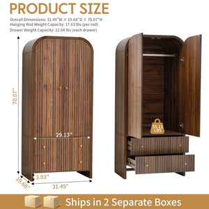 Arched Armoire Wardrobe Closet with Fluted Doors, Hanging Rod & 2 Drawers