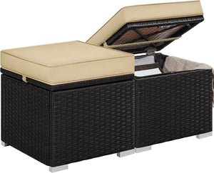 Wicker Patio Ottoman Set of 2 with Storage & Cushion