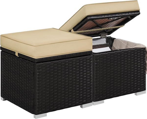 Wicker Patio Ottoman Set of 2 with Storage & Cushion