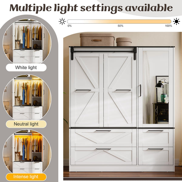 Sliding Barn Door Wardrobe Closet with Mirror & Sensor Lights