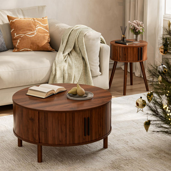 Mid-Century Side Table with Sliding Door & Solid Wood Legs