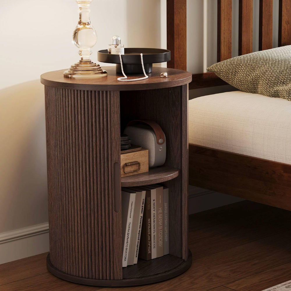 Round Fluted End Table with Sliding Tambour Door