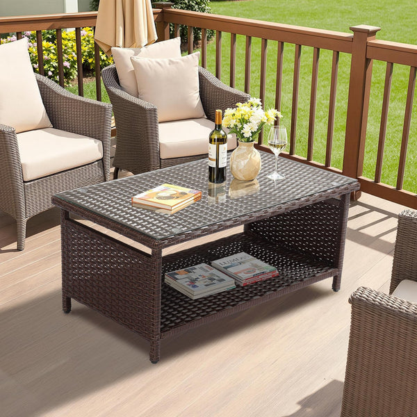 Outdoor Wicker Patio Coffee Table with Tempered Glass Top & Storage Shelf