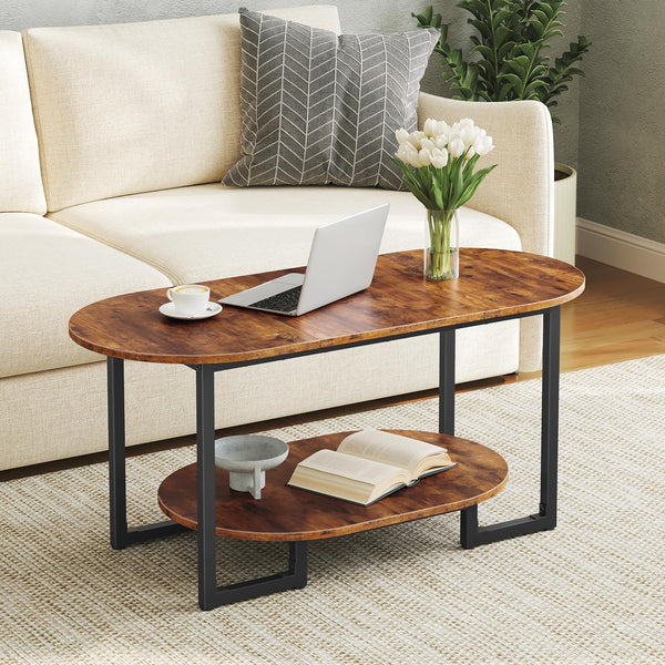 Oval Coffee Table with 2-Tier Open Storage Shelf