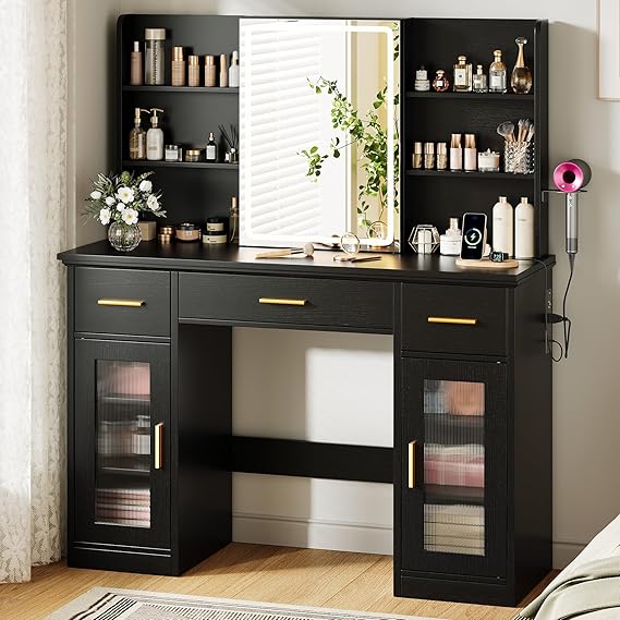 Vanity Desk with Mirror, Lights & Storage